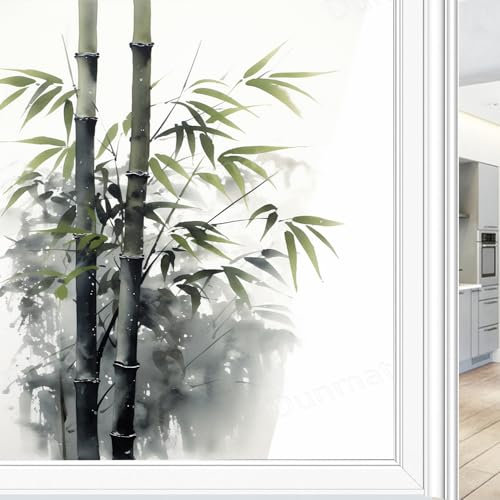Bambus Baum Malerei Buntglas Fensterfolie Grün Natur Pflanzen Privatsphäre Fensterfolie Glastür Abdeckung Nicht klebende Fensteraufkleber für Badezimmer Küche 45 * 60 cm