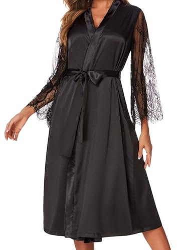 MIZSPISE Vestaglia Lunga Da Donna, Kimono, Abito In Pizzo, Raso, Sexy, Camicia Da Notte, Patchwork, Da Donna, Con Ricamo, a Rete, Pigiama Con Cintura (nero, Taglia unica)