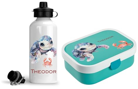 wolga-kreativ Set personalisierte Mepal Campus Kinder Brotdose und Trinkflasche Mädchen Junge Schuldkröte Lunchbox Fächer Unterteilung für Schule und Kindergarten