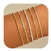 KENIY 5 Stück Armband Damen 14 Karat Vergoldet Armkette Damen Gold Armbänder Set Figaro Herringbone Beads CZ Chain Bracelets Layered Link Charm Bracelets Armkette Modeschmuck Für Damen