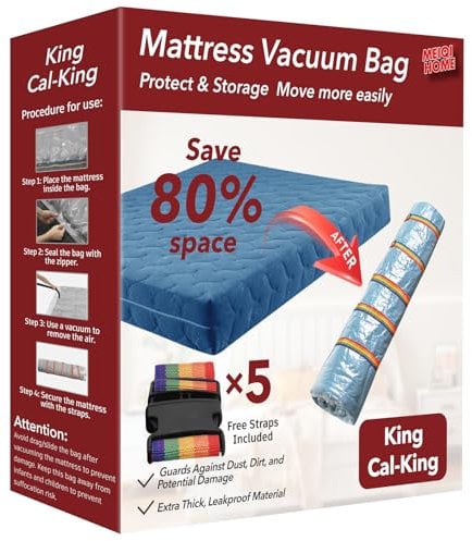 MEIQIHOME King/Cal-King Mattress Vacuum Bag, PA+PE Material, 94.5 x 98.4, 80% Compression, Double-Zip Seal, Ideal for Storage & Moving