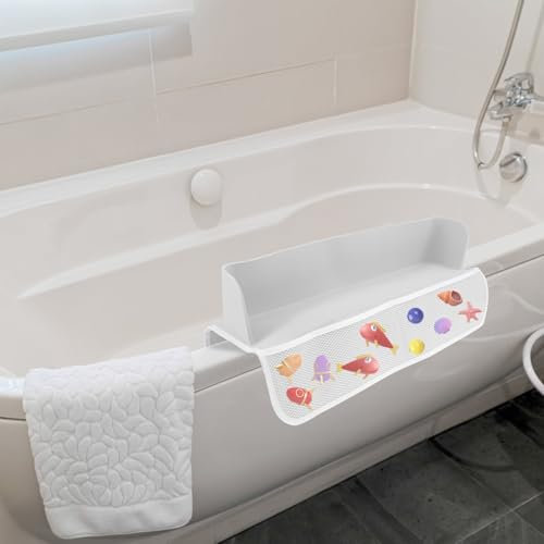 Bathtub Splash Guard 21 Kids Bathtub Shelf with 4 Mesh Pockets and 8 Suction Cups Attach to Bath Tub, Baby Bath Toy Storage Splashproof Bathtub Topper Shelf Bathtub Play Shelf Area (grey)