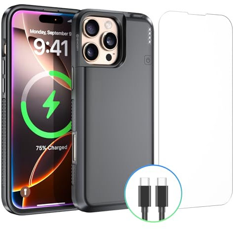 NEWDERY Battery Case for iPhone 16 Pro 5000mAh, CarPlay,Wired Headset,Sync-Data Supported, Portable Rechargeable Charger Charging Cover, Black