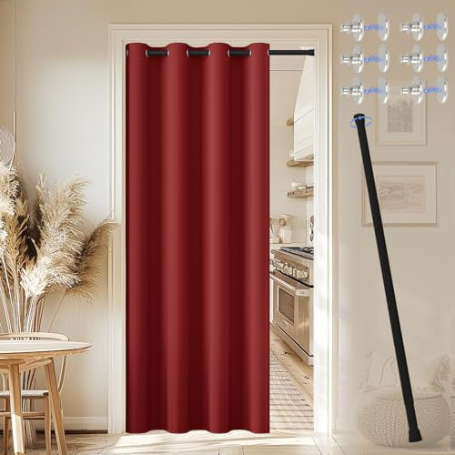JCyh Tenda Porta Esterna con Bastone, Tenda per Porta con Chiusura Magnetica per Proteggere la Privacy, 1 Pezzo 132x200cm Tenda Termica per Porta, Rosso Natale