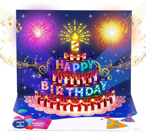 BEAN LIEVE Geburtstagskarten, 3D-Pop-Up-Geburtstagskarte mit Musik und LED-Lichtern, Grußkarten mit aufblasbarem Geburtstagskuchen, Geburtstagsgeschenk für Männer, Frauen, Kinder, Papa, Mama und Oma