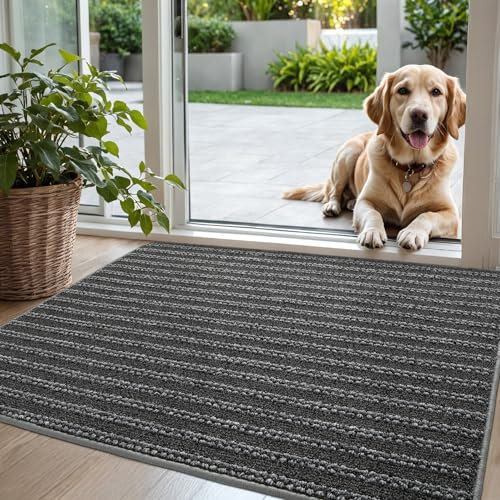 DEXI Fußmatte Innen 90 x 150 cm, rutschfest Schmutzfangmatte, absorbierend Fussmatte, dünn Türmatte Sauberlaufmatte für Hund, Eingang, Haustür & Flur, Grau