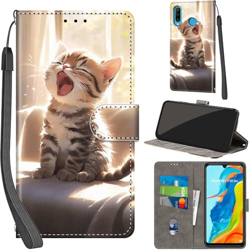 Handyhülle für Huawei P30 Lite Klapphülle Leder Wallet Katze | 3 Kartenfächer & 1 Geldfach, Magnetverschluss, Ständerfunktion, robuste premium PU leder klapphülle für Huawei P30 Lite