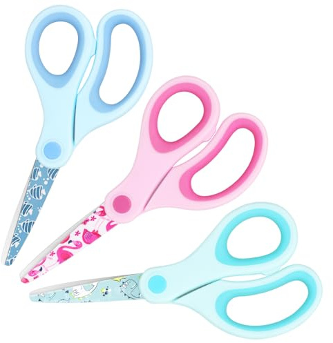 Vutyvve Gemusterte Kinderschere, Stumpfe Sicherheit Kinder Bastelschere, Edelstahlklingen, weiche Griffe, Rosa, Blau, Fruchtgrün, 3 Paar