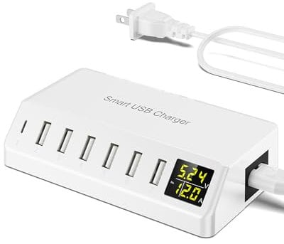 USB Charger 60W 7-Port USB Desktop Charger with LED Screen, Multi-Device Charging Station with Real-Time Power Monitoring for Phone,Fast Charging Hub for Home, Office, Travel