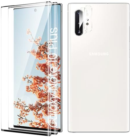 Verre Trempé pour Samsung Galaxy Note 10 Plus Plein écran, Affaire Classée Protection écran, Bord à Bord, sans Bulle, Anti-Scratch, 2 Pièces Verre Trempé + 2 Pièces Caméra Protection écran