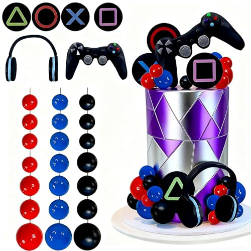 30PCS Gaming Cake Toppers Video Game Theme Headset Controller Ball Decorations for Boys Birthday Party Supplies