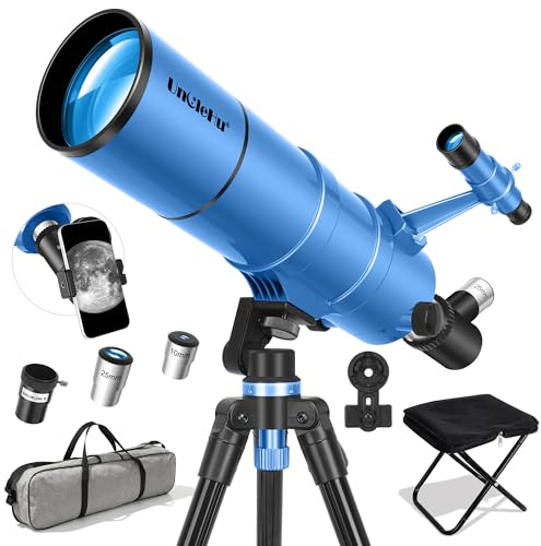 UncleHu Teleskop 90/550 mm für Erwachsene&Kinder&Einsteiger mit Klapphocker | FMC-Optik, 22–165×, astronomisches Refraktor-Teleskop mit Stativ, Smartphone-Adapter& Tragetasche für Natur- &Mondbeobachtung