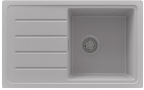 PRIMAGRAN Spülbecken ab 45er Unterschrank + Ablauf-Set, 70x44cm | Set: Ablauf-Set (Siphon, Ablaufgarnitur, Überlauf) + Granitspüle 1 Becken - Kopenhagen Easy, Alles Grau