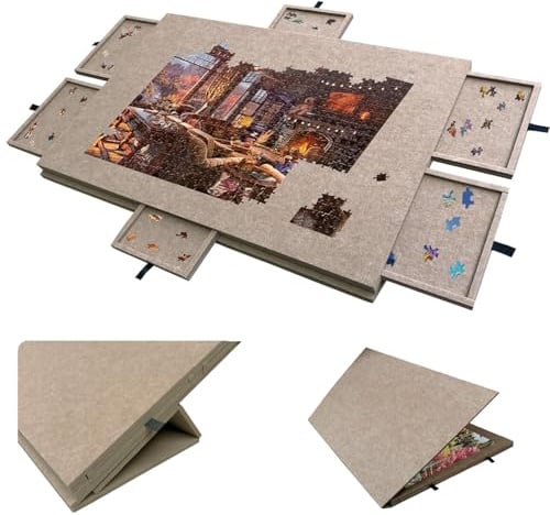Stoolzfaid Kippbarer Puzzletisch mit 6 Schubladen,Zusammenklappbares Puzzlebrett,Leichte Filz-Puzzle-Plattform,mit 2-in-1 Design Ständer und Deckel,rutschfeste,für Puzzles mit bis zu 1500 Teilen