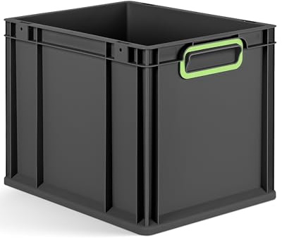 aidB Eurobox NextGen 2.0 Cycle - 400x300x320mm – 30L Aufbewahrungsbox aus recyceltem Material - Stapelbare Lagerbox in Anthrazit – geschlossene Griffe - Industriequalität - inkl. ColorClips Hellgrün