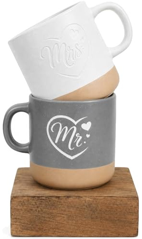 Geschenk Hochzeit für Brautpaar Set, Mr & Mrs Tassen 400 ml mit Herz-Relief, Geschenk Zur Hochzeit, Hochzeitsgeschenke für Brautpaar, Verlobung, Jahrestag & Weihnachten
