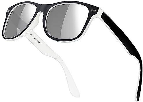iceBoo Sunglasses Plastic lightweight frame vintage style unisex classic UV400 protection Plastic Lens (Black & White frame silver mirrored Lens (2141)
