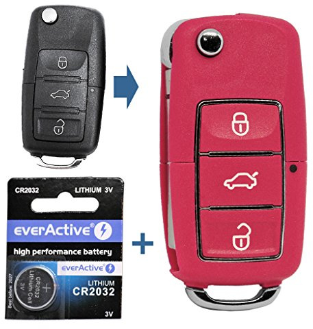 Auto Schlüssel Funk Fernbedienung 1x Gehäuse 3 Tasten Pink + 1x Rohling HA66 + 1x CR2032 Batterie für VW SEAT Skoda