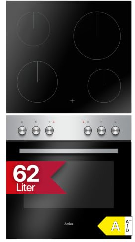 Amica Einbauherd Set 60 cm 62 L Glaskeramik Edelstahl EHC 933 041 E | 9 Backofenfunktionen, SteamClean, EasyClean, SensorControl Timer, 4 Kochzonen, Halogenbeleuchtung, CleanEmaille