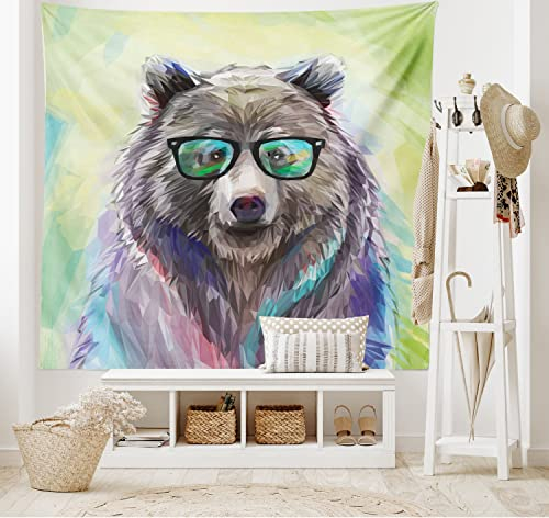 ABAKUHAUS Tier Wandteppich und Tagesdecke, Colored Wild Bear Art, aus Weiches Mikrofaser Stoff Wand Dekoration Für Schlafzimmer, 150 x 110 cm, Limettengrün Violett