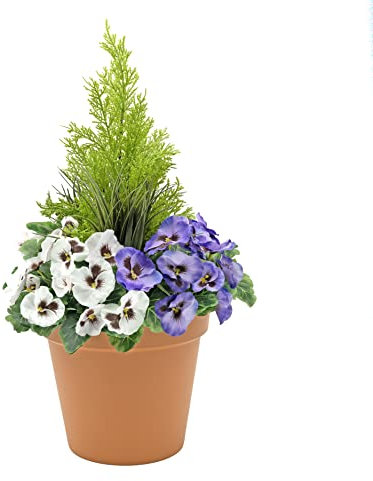 Artificial Patio Planter (60cm) with Purple & White Pansies & Conifer/Cedar Topiary in Terracotta Colour Pot