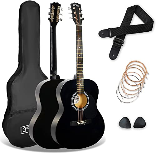 3rd Avenue Pack de guitarra acústica de tamaño estándar 4/4 con cuerdas de acero para principiantes de 3rd Avenue, funda de transporte, púas y cuerdas de repuesto, Negro