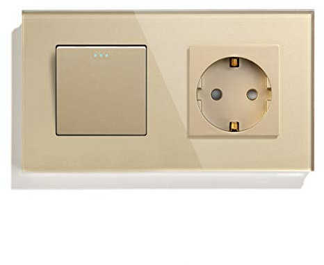 BSEED Druckknopf lichtschalter glas und 16A AC EU Steckdose Glasscheibe 1 Fach 3 Weg Kreuzung Wandschalter Gold