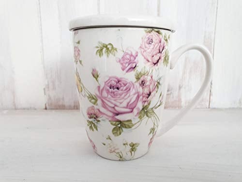 Arinosa Teetasse Teebecher Rosen Rosa Landhaus mit Deckel und Sieb 300 ml