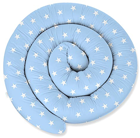 XXL 300 cm Bettschlange für Allergiker Bettkissen Stillkissen Bettrolle Zierkissen Bettumrandung Schlange Handmade 100% Baumwolle ekmTRADE (21 – Blau – Weiße Sterne, 300 cm)