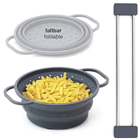 Sanni Shoo KOMBIPAKET: Faltbares Sieb, Seiher, Dämpfeinsatz 26 cm Ø UND drip.line Spültuch- und Utensilienhalter, Ordnungshelfer, Spültuchhalter, Spülen-Halterung. Hitzebeständig, praktisch, anthrazit