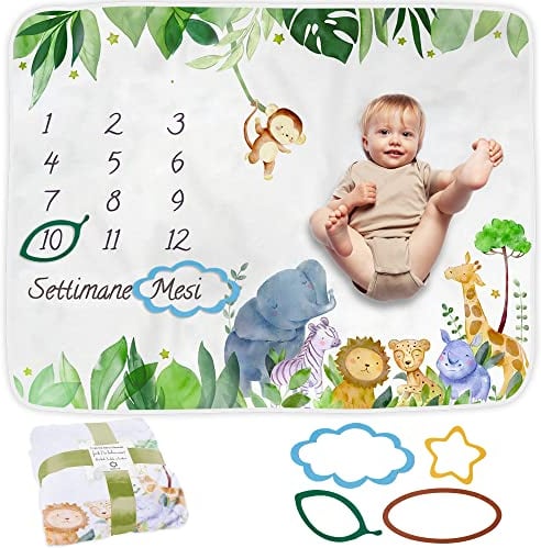 ODOXIA Coperta Mesi Neonato In Italiano | Tappeto Mesi Neonato Per Maschio O Femmina, Unisex | Tema Safari | Regalo Baby Shower Personalizzato Per Neomamme | Incluse Cornici
