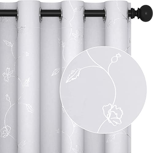 Deconovo Verdunklung Vorhänge Lärmschutz Gardinenschal Mädchen Dicke Gardinen Blickdicht, 260x140 cm(HöhexBreite), Blumen Silber Grau, 2er Set