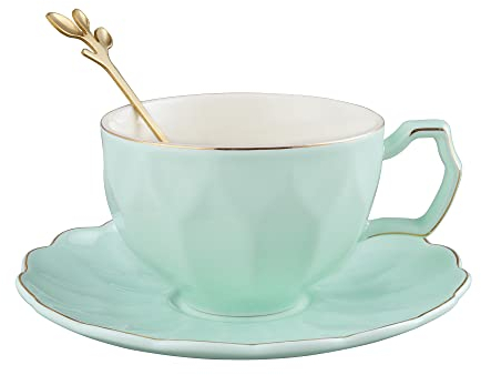 fanquare Verde en Relieve Taza de Té y Platillo Juego de 1, Taza de Café de Porcelana para Mujeres, Taza Moderna para Fiestas de Té, 200ml