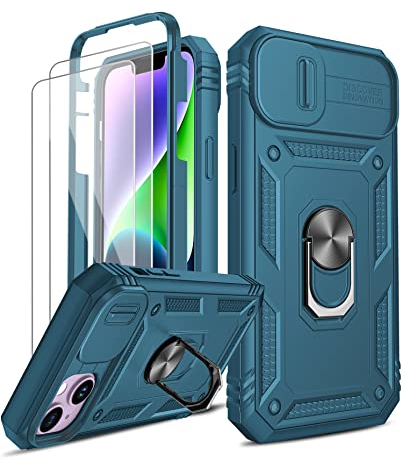 LeYi für iPhone 14 Hülle [2 Schutzglas] mit Kameraabdeckung Schieben Militärschutz Handyhülle i Phone 14 Case mit 360° Drehbarer Ständer Stoßfest Schutzhülle-Blau