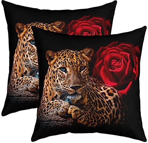 Leopard Kissenbezug 2er Set Kissenbezüge Geparden Rose Blumendruck Kissenbezüge 45x45cm Fälle Home Dekor Kissenhülle Wilde Tier Botanische Blumen Muster Rot Braun Dekokissen für Couch Sofa Outdoor