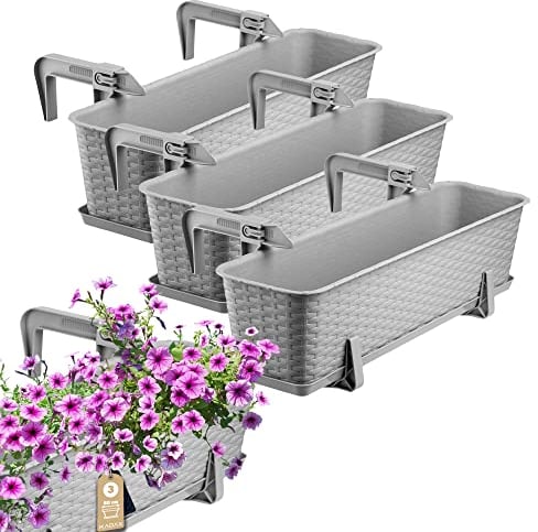 KADAX Lot de 3 jardinières 60 cm en Plastique avec Supports de Fixation – Bacs à Fleurs rectangulaires pour Balcon, Pots résistants pour Plantes et Herbes aromatiques (Gris Clair)