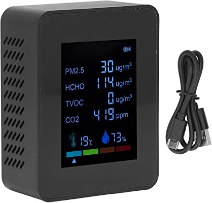 Zerodis MonitorAir Quality DetectorTemperature and CO2 Meter Air Quality Monitor Temperature PM2.5 TVOC HCHO Detector USB Charging Multifunctional 6 in 1 CO2 Detector (Negro)