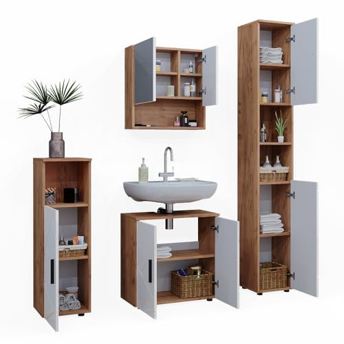 Vicco Badmöbel-Set Irma, Eiche/Weiß Hochglanz, 4 Teile, mit Hochschrank