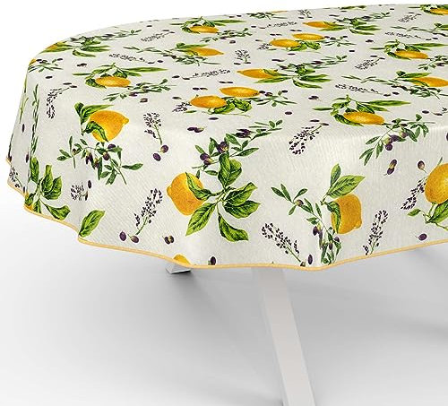 Tischdecke aus Stoff Textil abwaschbar Tischwäsche Tischtuch Baumwolle Polyester Lemon Oval 260x140cm In-/Outdoor Tischdecke