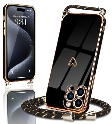 Micoden Handykette kompatibel mit iPhone 15 Pro hülle Ultra dünn Kameraschutz Herz Love Design Galvanik Silikon Bumper Case Kordel zum Umhängen Handyhülle mit Band Schutzhülle,Schwarz