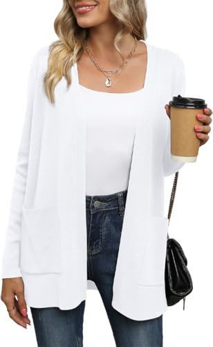 Yommay Cardigan décontracté léger à manches longues et col en V avec poches, A02 - Blanc, M