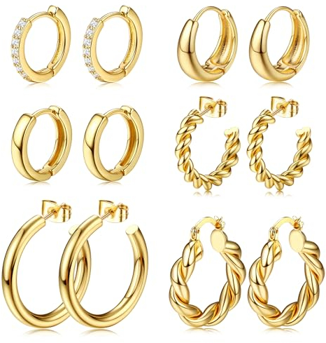 Dochais 5-6 Paar Chunky Hoop Earrings,Gold Creolen Ohrringe,18 Karat Vergoldet Ohrringe Dupes,Tropfen Twisted Huggie Ohrringe,Hypoallergene Hoop Ohrringe für Damen Frauen Mädchen (Gold 18k)