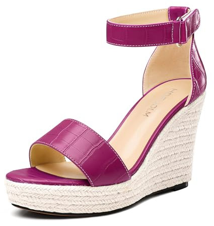 HDEUOLM Mujer Alto High cuña esparto Plataforma Heel Abierta Punta Sandalias Correa Tobillo Two-Piece Cierre con Hebilla Fiesta Dress Verano 10 CM Heels Fucsia 35 EU