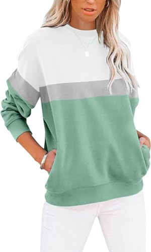 BUHIM Sweatshirt Damen Pullover Rundhals Langarmshirt Herbst Winter Farbblock Pulli Baumwolle Casual Langarm Oberteile Tops mit Taschen (A-Grün, S-1)