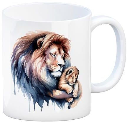 Schlafender Löwenpapa mit Löwenbaby Kaffeebecher Tasse Löwe Baby in Fürsorge Raubtier Familie Säugetier Arm Liebevolle Geschenkidee