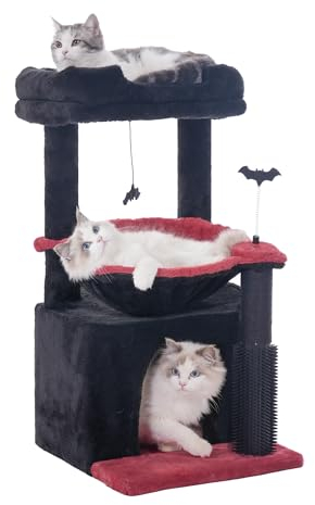 Pawfessor Gothic Cat Tree 32 Inches Small Cat Tree for Large Cats Adult Cat Tower with Scratching Post,15.7”Large Hammock and Self Groomer, and Removable Top Perch and Wide Condo for Indoor Cat-Gothic