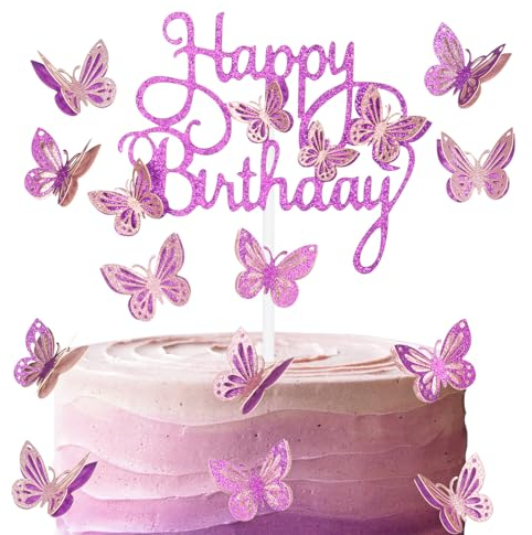 mciskin Glitter Butterfly Happy Birthday Cake Toppers,Pink Purple Butterfly Cake Decorations, Butterfly Theme Cake Cupcake Toppers for Girls Women Birthday Decorations