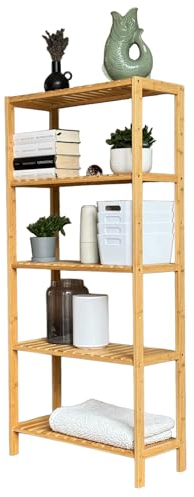 Grafner Badregal mit 5 Etagen aus Bambus, stabile Ausführung, HBT: 131 x 60 x 26 cm, bis 50 kg belastbar, Badezimmerregal schmal Standregal offen Holzregal Bad Küche Flur Badezimmerschrank Schuhregal