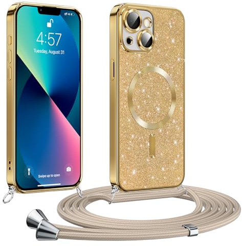 Phoona handyband Hülle für iPhone 13 mit Band, Glitzer Handyhülle Kompatibel mit MagSafe, Ganzkörperschutz Kratzfeste Stossfest Schutzhülle mit Einstellbar Kette, Gold