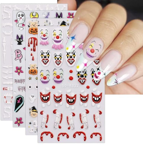 JMEOWIO 3D Embossed Halloween Nail Art Stickers Decals Self-Adhesive 5D Cute Ghost Pumpkin Star Nail Supplies Nail Art Design Decoration Accessories 4 Sheets
